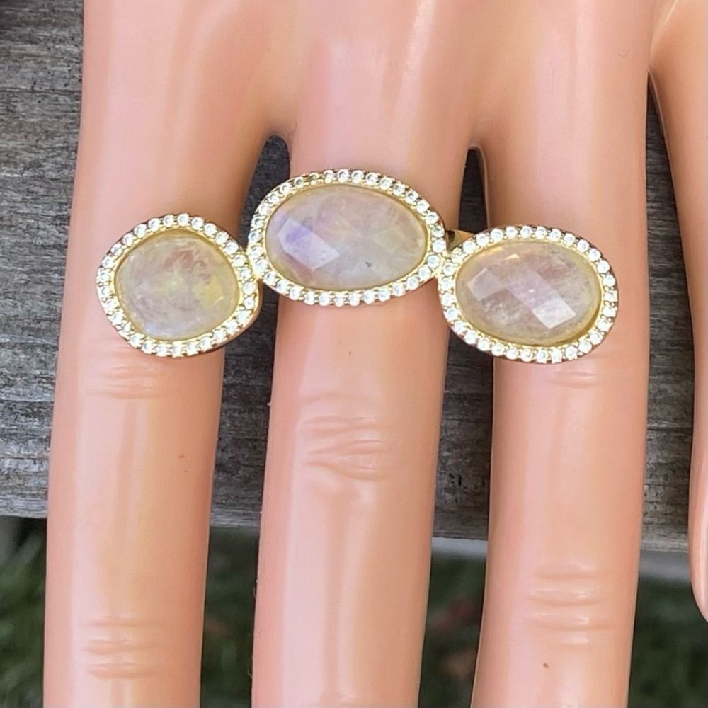 NWOT New Marcia Moran White Druzy 3 Stone Ring w/Crystals/Rhinestones 8-10